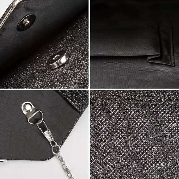 Women's Black Clutch Purses Sparkling Envelope Evening Bag with Detachable Chain - Picture 5 of 7